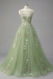 Robe de bal de promo à col bateau fleuri verte A Line Appliqued