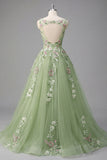 Robe de bal de promo à col bateau fleuri verte A Line Appliqued