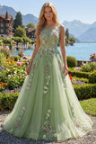 Robe de bal de promo à col bateau fleuri verte A Line Appliqued