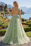 Robe de bal de promo à col bateau fleuri verte A Line Appliqued