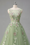 Robe de bal de promo à col bateau fleuri verte A Line Appliqued
