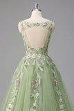 Robe de bal de promo à col bateau fleuri verte A Line Appliqued