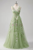Robe de bal de bal verte fleurale à col en V avec application de la ligne A