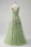 Robe de bal de bal verte fleurale à col en V avec application de la ligne A