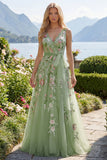 Robe de bal de bal verte fleurale à col en V avec application de la ligne A