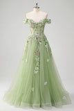 Robe de bal de bal florale à épaules dénudées, corset fleuri vert A Line