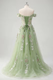 Robe de bal de bal florale à épaules dénudées, corset fleuri vert A Line