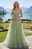 Robe de bal de bal florale à épaules dénudées, corset fleuri vert A Line