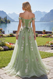 Robe de bal de bal florale à épaules dénudées, corset fleuri vert A Line