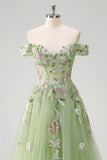 Robe de bal de bal florale à épaules dénudées, corset fleuri vert A Line