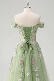 Robe de bal de bal florale à épaules dénudées, corset fleuri vert A Line