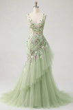 Robe de bal de bal verte fleurie en V à volants avec des sirènes appliquées