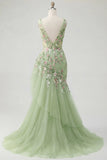 Robe de bal de bal verte fleurie en V à volants avec des sirènes appliquées