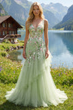 Robe de bal de bal verte fleurie en V à volants avec des sirènes appliquées