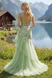 Robe de bal de bal verte fleurie en V à volants avec des sirènes appliquées