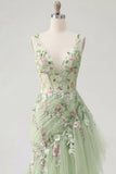 Robe de bal de bal verte fleurie en V à volants avec des sirènes appliquées