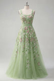 Robe de bal de promo verte à col carré fleur A Line Appliqued