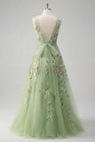 Robe de bal de promo verte à col carré fleur A Line Appliqued