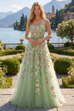 Robe de bal de promo verte à col carré fleur A Line Appliqued