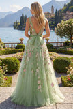 Robe de bal de promo verte à col carré fleur A Line Appliqued