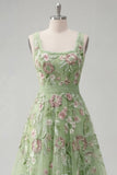 Robe de bal de promo verte à col carré fleur A Line Appliqued