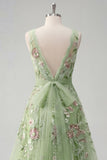 Robe de bal de promo verte à col carré fleur A Line Appliqued