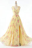 Robe de bal de bal jaune à col en V à fête florale A Line