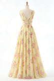 Robe de bal de bal jaune à col en V à fête florale A Line