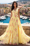 Robe de bal de bal jaune à col en V à fête florale A Line