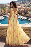 Robe de bal de bal jaune à col en V à fête florale A Line