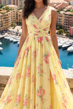 Robe de bal de bal jaune à col en V à fête florale A Line