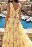 Robe de bal de bal jaune à col en V à fête florale A Line