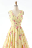 Robe de bal de bal jaune à col en V à fête florale A Line