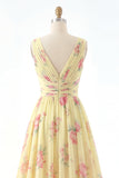 Robe de bal de bal jaune à col en V à fête florale A Line
