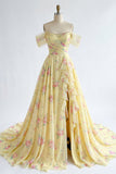 Robe longue de bal de promo jaune jaune scintillante, à volants décollés et ornée de perles
