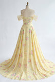 Robe longue de bal de promo jaune jaune scintillante, à volants décollés et ornée de perles