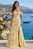 Robe longue de bal de promo jaune jaune scintillante, à volants décollés et ornée de perles