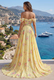 Robe longue de bal de promo jaune jaune scintillante, à volants décollés et ornée de perles
