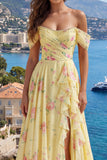 Robe longue de bal de promo jaune jaune scintillante, à volants décollés et ornée de perles