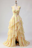 Robe de bal longue à fleurs jaune à col en V avec des volants