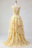 Robe de bal longue à fleurs jaune à col en V avec des volants