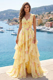 Robe de bal longue à fleurs jaune à col en V avec des volants