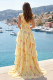 Robe de bal longue à fleurs jaune à col en V avec des volants