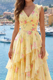 Robe de bal longue à fleurs jaune à col en V avec des volants