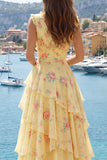 Robe de bal longue à fleurs jaune à col en V avec des volants