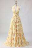 Lie jaune A Line Fleur longue robe de bal avec volants