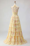Lie jaune A Line Fleur longue robe de bal avec volants