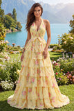 Lie jaune A Line Fleur longue robe de bal avec volants