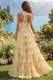 Lie jaune A Line Fleur longue robe de bal avec volants