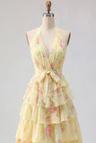 Lie jaune A Line Fleur longue robe de bal avec volants